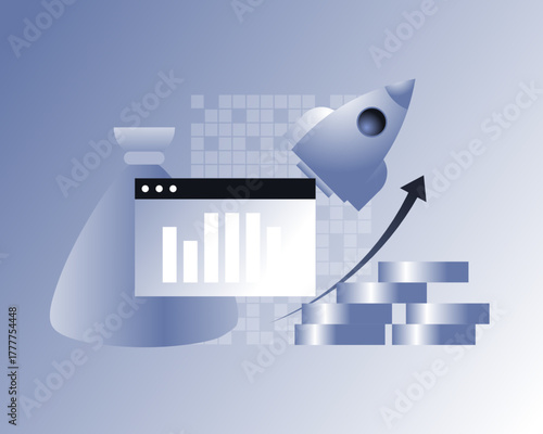 Illustration of a rocket launching beside financial charts, coins, and a money bag, symbolizing business growth, startup success, and financial investment performance.