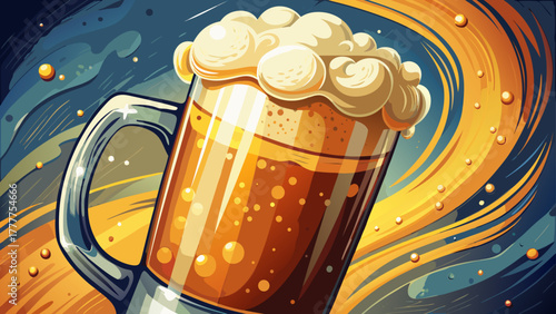 Very beautiful close up shot of a cold beer with golden bubbles rising through the frothy foam, condensation droplets glistening on the glass, refreshing and inviting atmosphere.