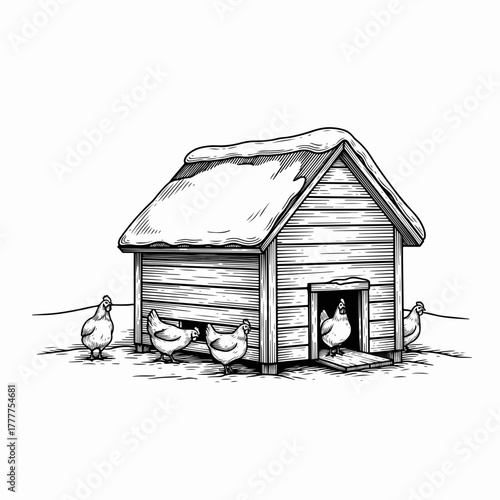 A chicken coop with hens in the snow. Vintage engraving style line art of a farm scene. Hand-drawn poultry and henhouse graphic