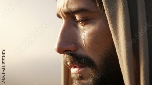 Close-up profile of Jesus Christ crying with a single tear of sorrow. A powerful depiction of divine compassion and empathy for humanity