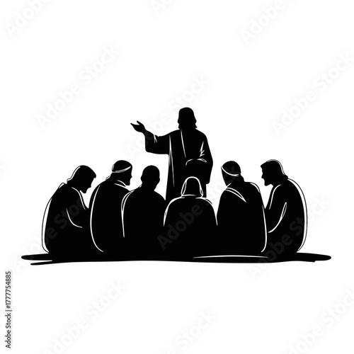 Jesus teaching his disciples in a black silhouette. A minimalist graphic of a biblical sermon. Christian religious symbol for church and faith