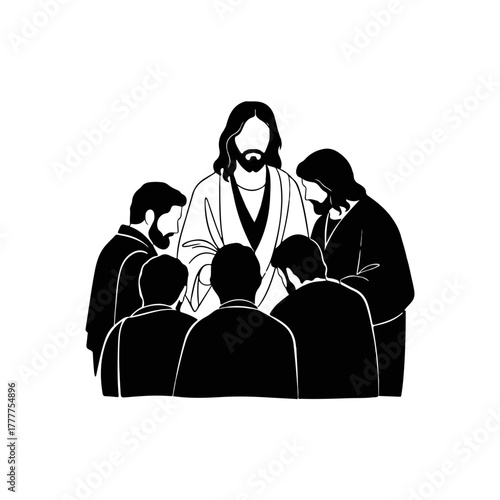 Jesus Christ teaching his disciples. Minimalist black and white silhouette graphic. Biblical story and Christian faith concept