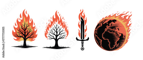 Burning World, Tree, Sword Vector Illustration