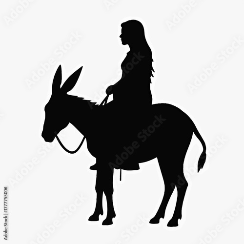 Silhouette of Mary riding a donkey. A Christian graphic representing the biblical Nativity story and the journey to Bethlehem. Christmas holiday icon.