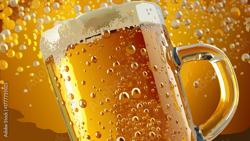 Very beautiful close up shot of a cold beer with golden bubbles rising through the frothy foam, condensation droplets glistening on the glass, refreshing and inviting atmosphere.