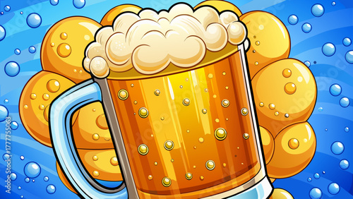 Very beautiful close up shot of a cold beer with golden bubbles rising through the frothy foam, condensation droplets glistening on the glass, refreshing and inviting atmosphere.