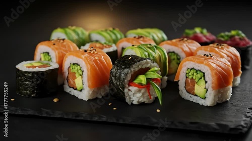 Delicious Sushi Platter with Salmon and Avocado.