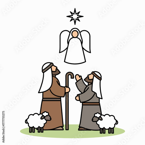 A biblical illustration of the Annunciation to the Shepherds. A flat design nativity scene with an angel, star, and sheep for Christmas. Christian religious story graphic