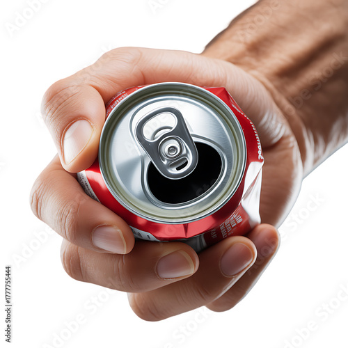 Illustration of hand holding a crushed can isolated on transparent background