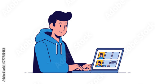 Online Meeting Communication Vector Illustration With Smiling Person And Laptop Computer