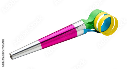 Colorful party horn or noisemaker isolated on transparent background a festive accessory for celebrations, birthdays, and new years eve