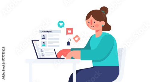 Online Shopping Illustrated: Modern Woman Using Computer for Ecommerce Activity