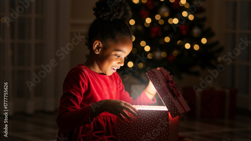 A happy African American girl opening a magical glowing Christmas gift box. Surprised child filled with wonder and joy in front of a festive tree at night