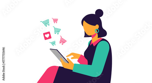 Online Shopping Illustration Depicting Woman Purchasing, Love Symbol and Trolleys