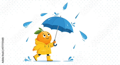 Orange Character Holding Umbrella in the Rain and Wearing Yellow Raingear