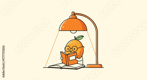 Orange Character Reading Under Lamp, Focused On Studying and Gaining Knowledge