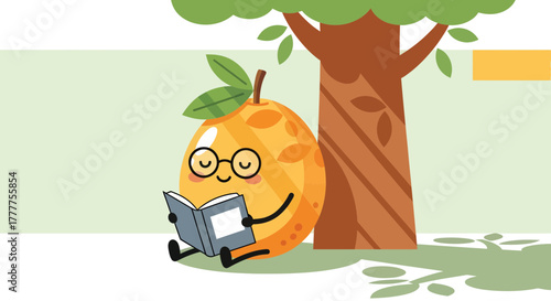 Orange Character Reads Book Under Tree, Enjoying Quiet Time and Knowledge