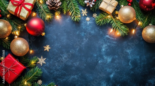 Overhead view of Christmas decor with festive background