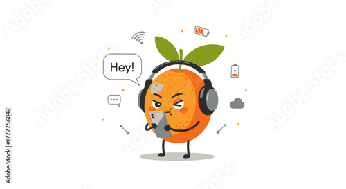 Orange Character Using Smartphone While Listening To Music With Wireless Headphones