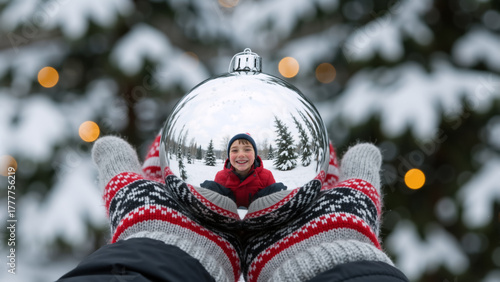 A smiling boy's reflection in a silver Christmas ornament held by hands in festive mittens. Happy child enjoying a snowy winter day. Holiday and New Year's concept