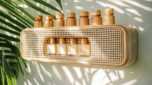Perfume bottles arranged on a rattan and teak display shelf