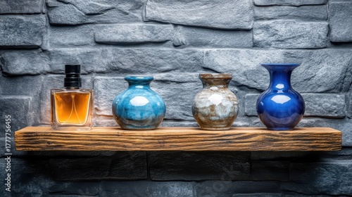 Perfume Bottles and Vases on a Rustic Wooden Shelf Display