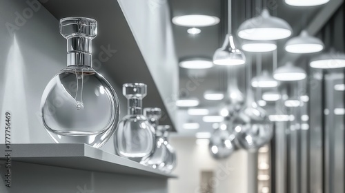 Perfume bottles displayed on a light grey shelf in a retail store
