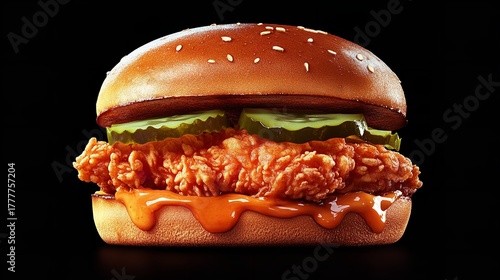 Delicious fried chicken sandwich with pickles and sauce on a sesame bun isolated on black background