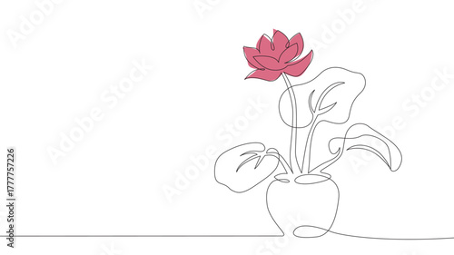 House plant in a pot Continuous one-line drawing. Continuous one-line drawing. House plant in a pot. Vector illustration.