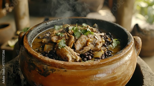 Fototapeta Naklejka Na Ścianę i Meble -  Steaming Brazilian Feijoada Dish Served in a Clay Pot