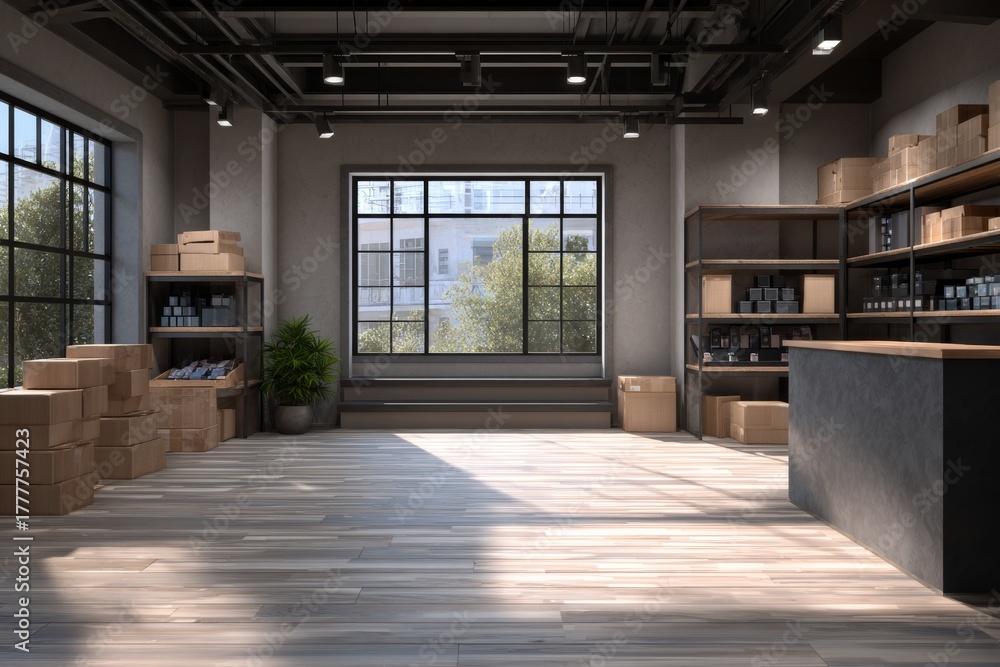 Fototapeta premium showroom or product shop storage, industrial business management, open space interior. Generative AI