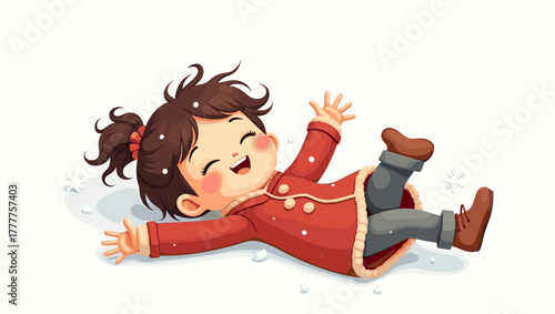 Laughing girl in red coat and boots lying on snow making snow angel, joyful winter play concept