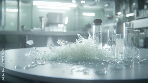 Shattered glass vials with liquid and dried residue on a table