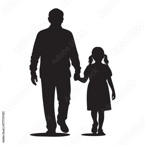 Silhouette of a father and daughter holding hands walking together
