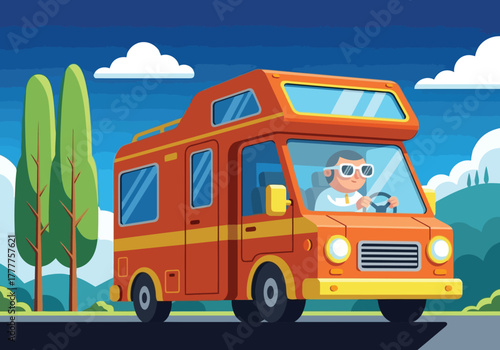 Driving Adventure A Cheerful Road Trip in a Cozy RV, Enjoying the Scenic Landscape and a Clear Blue Sky Day