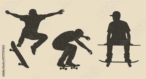 Skateboarders Silhouettes Performing Tricks Dynamic Skateboarding Action.