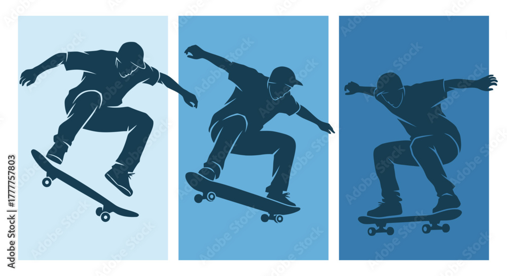 Obraz premium Skateboarders in Action A Trio of Dynamic Silhouettes.