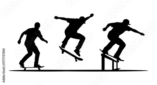 Skateboarder Silhouettes Performing Tricks Ollie Grind and Ride.