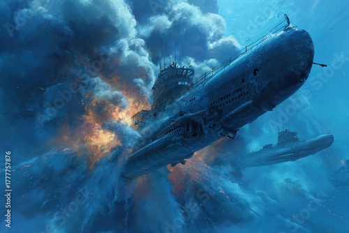 Wallpaper Mural Depth Charge: U-Boat Underwater Encounter with Tension and Explosive Trouble Torontodigital.ca