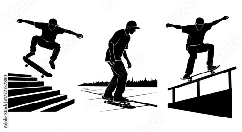 Skateboarders performing tricks on stairs ground and rail.
