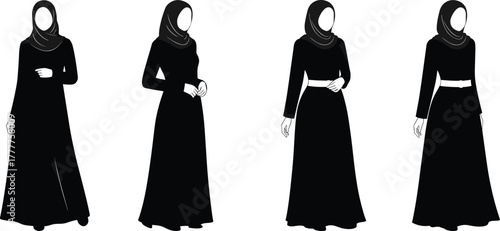 Muslim women fashion illustration, modest black dresses, hijab outfit variations, traditional Islamic clothing, cultural attire, vector design for stock content