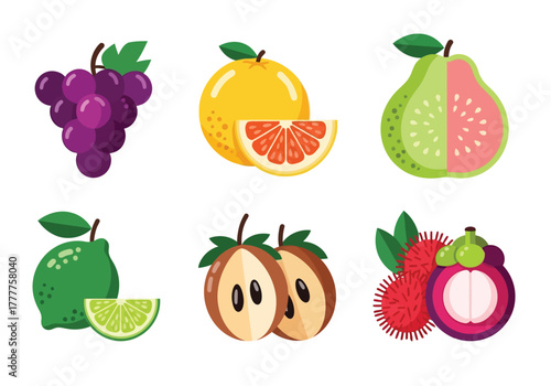 A vibrant and diverse collection of fresh fruit illustrations, showcasing healthy and exotic produce for a balanced diet and delicious, natural snacks