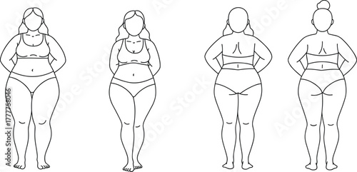 Full body female figure, plus size woman front and back view, curvy body sketch, fashion template, body diversity, vector illustration