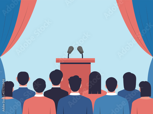 Empty press conference tribune with microphones. Conference with audience in hall. Media interviews. Vector stock