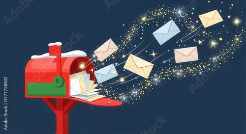 Cute Christmas mailbox with letters for Santa. Magical envelopes flying into the snowy night sky. Holiday mail vector illustration