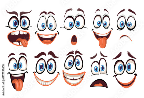 Set of emotions cartoon. Cartoon faces with big round blue eyes and big mouth. Smile, happiness, joy, scared, angry, rage, irritation.