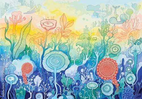 Whimsical Watercolor Garden A Vibrant Illustration of Colorful Plants, Flowers, and an Enchanting, Dreamlike Landscape