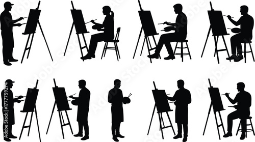 Silhouette artists painting on canvas, creative poses, art studio scene, easel setup, brush and palette, artistic expression, black figures