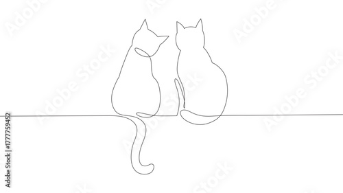 Continuous one-line drawing of two happy cat silhouettes. Simple ink drawing of sitting cats, cute vector illustration. Doodle animals icons, minimalistic line art.