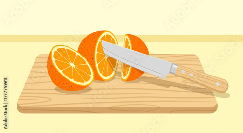 Orange Slices And Knife On A Wooden Cutting Board: A Fresh And Flavorful Illustration